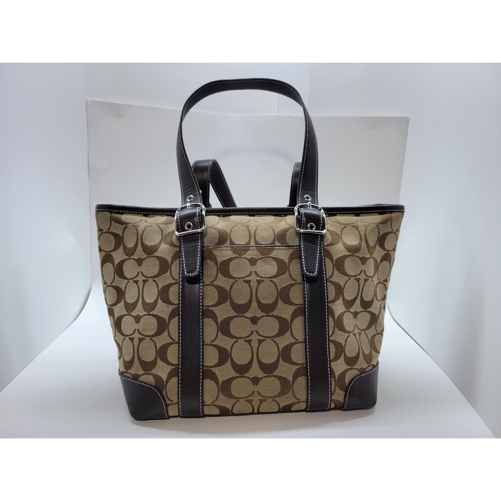 Vintage Coach Signature Gallery Tote Bag Khaki Brown Jacquard Leather 6042